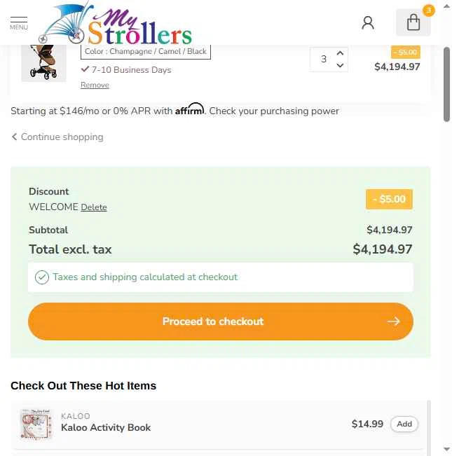 MyStrollers checkout page showing MyStrollers promo code box | Screenshot taken by SimplyCodes community member on May 12, 2025