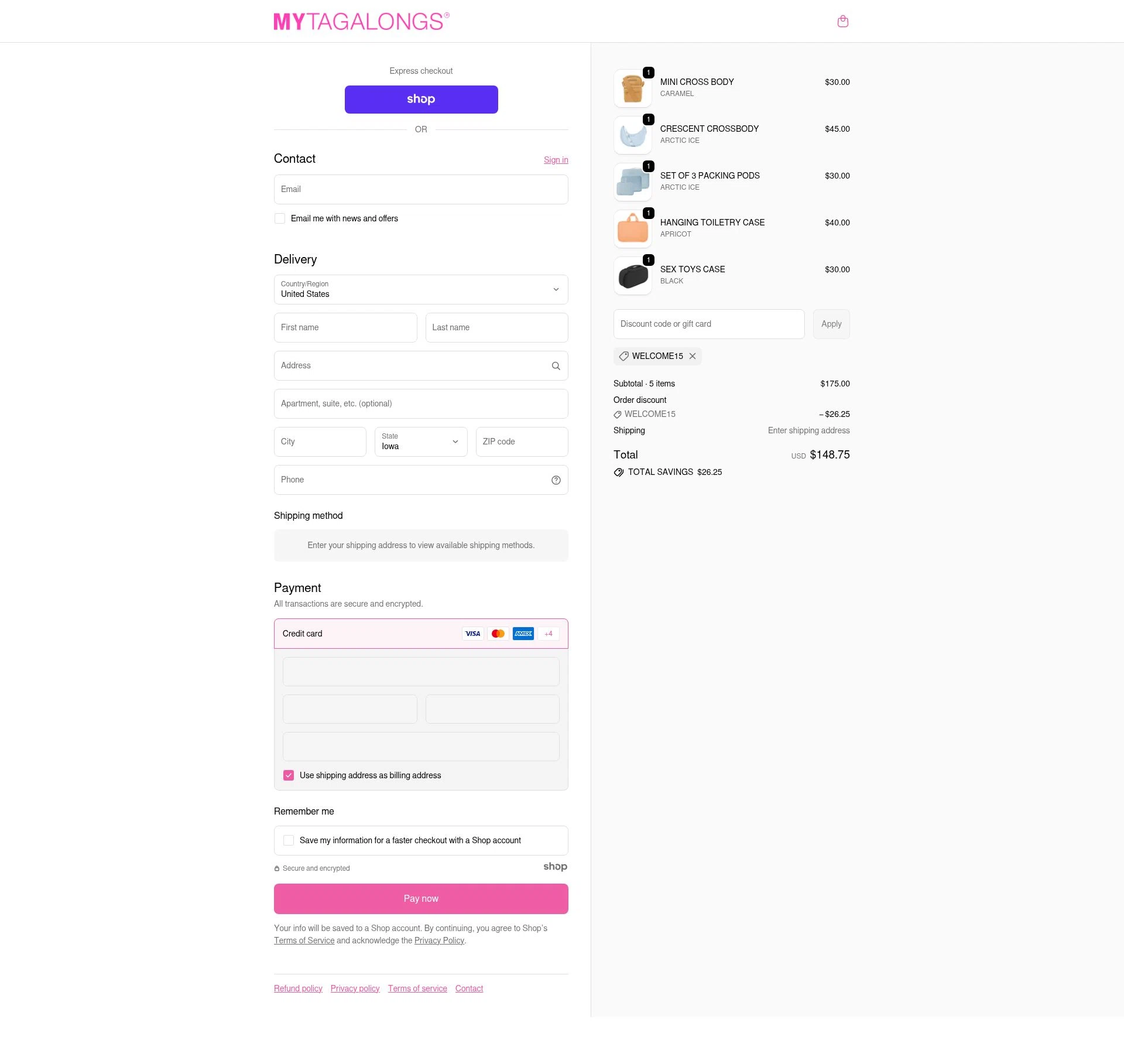 Mytagalongs checkout page showing Mytagalongs discount code box | Screenshot taken by SimplyCodes community member on Nov 19, 2025