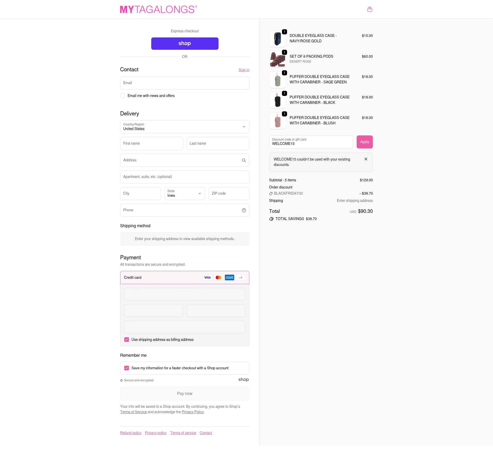 Mytagalongs checkout page showing Mytagalongs discount code box | Screenshot taken by SimplyCodes community member on Nov 29, 2025