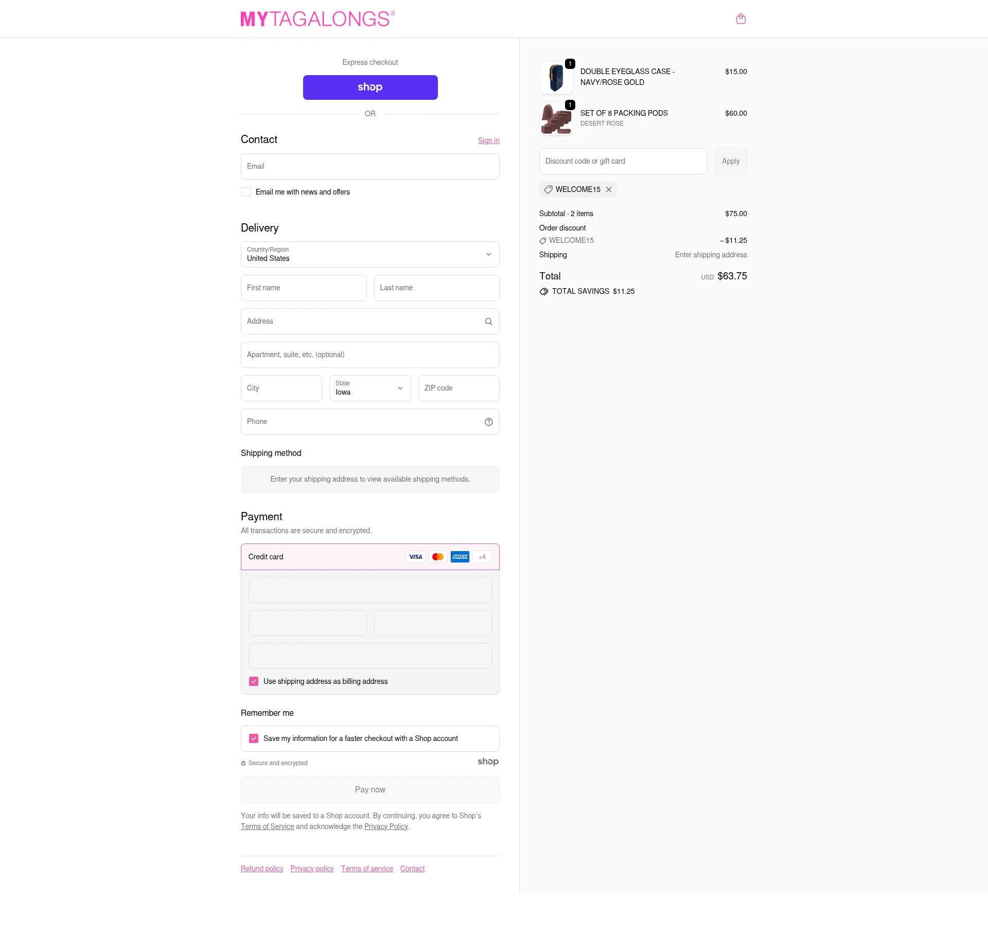 Mytagalongs checkout page showing Mytagalongs discount code box | Screenshot taken by SimplyCodes community member on Dec 5, 2025