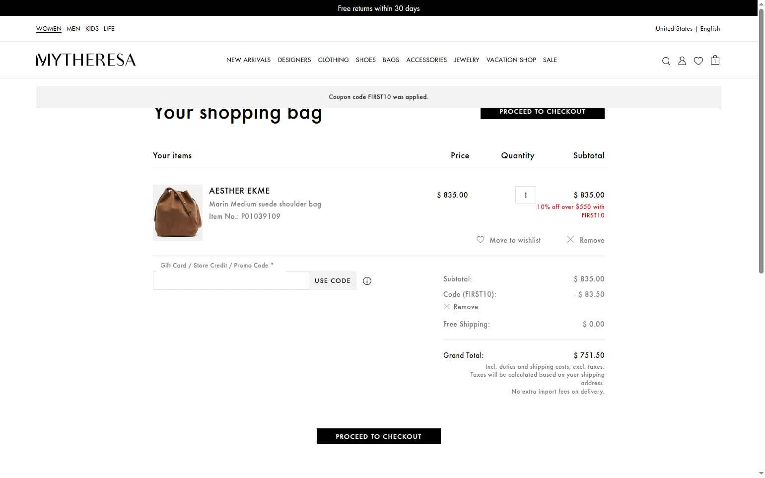 Mytheresa checkout page showing Mytheresa promo code box | Screenshot taken by SimplyCodes community member on Oct 8, 2025