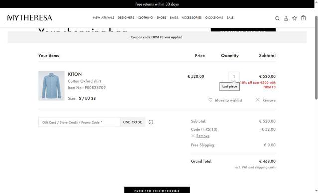 Mytheresa checkout page showing Mytheresa promo code box | Screenshot taken by SimplyCodes community member on Aug 24, 2025