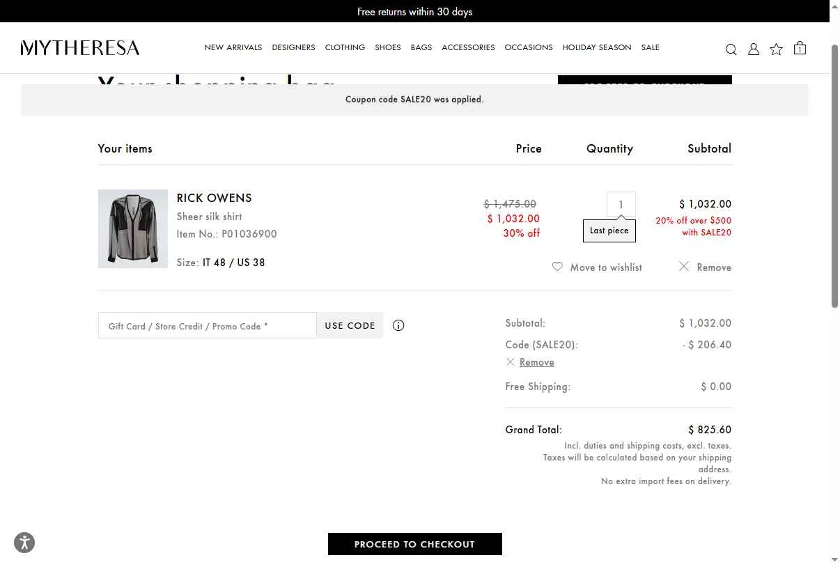 Mytheresa checkout page showing Mytheresa promo code box | Screenshot taken by SimplyCodes community member on Jan 3, 2026