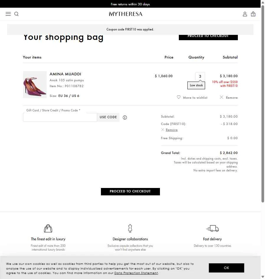 Mytheresa checkout page showing Mytheresa promo code box | Screenshot taken by SimplyCodes community member on Jan 1, 2026
