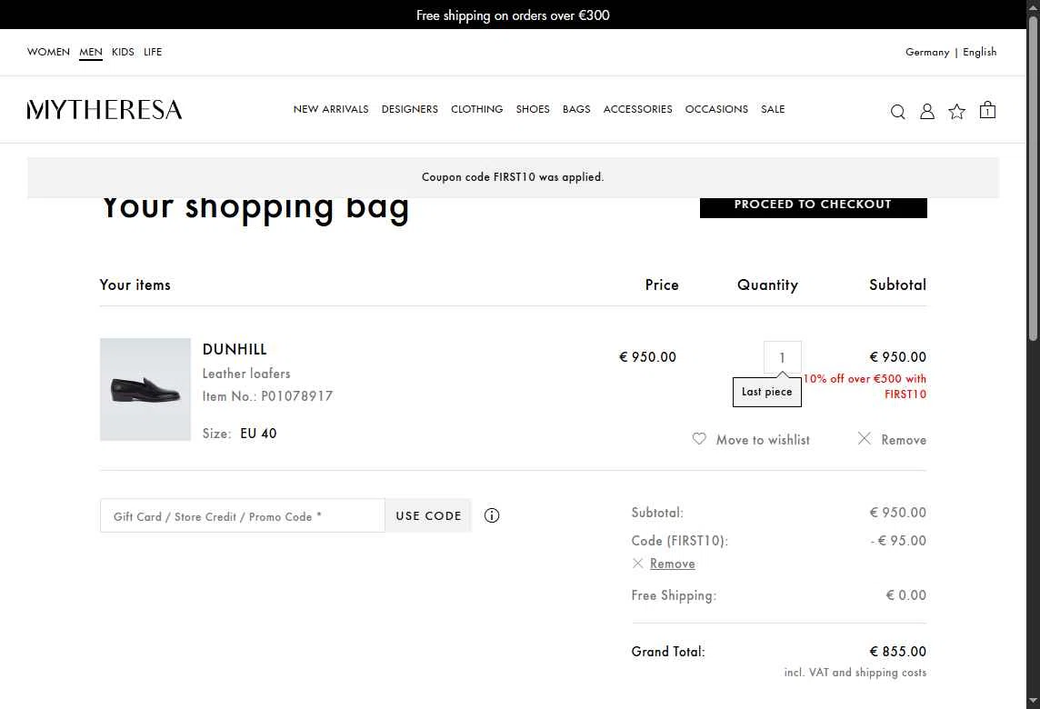 Mytheresa checkout page showing Mytheresa promo code box | Screenshot taken by SimplyCodes community member on Aug 29, 2025