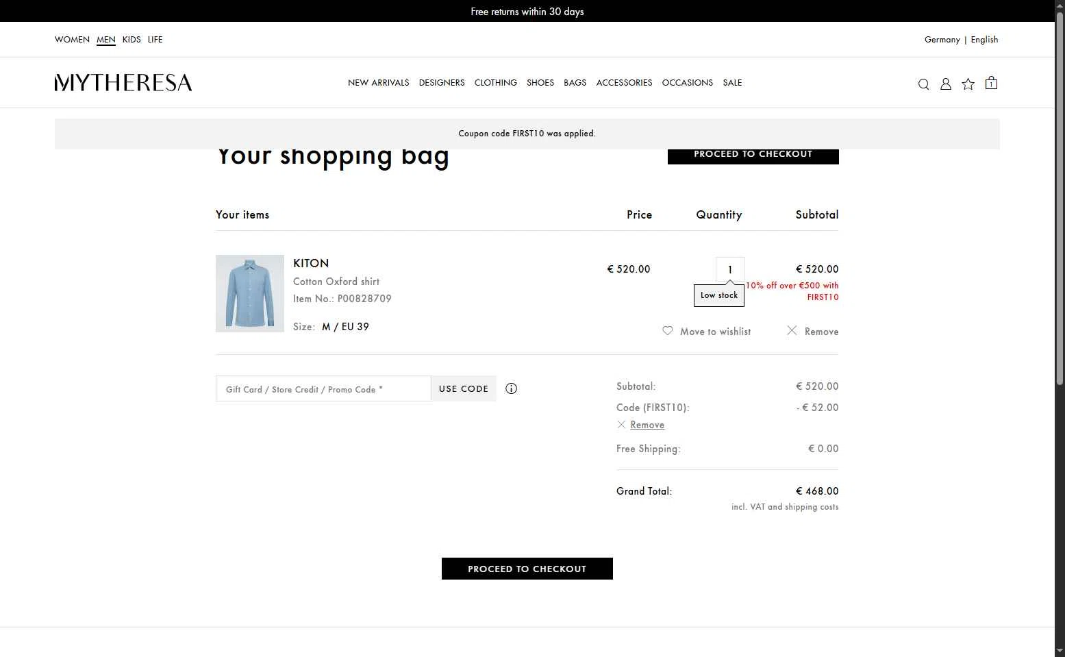 Mytheresa checkout page showing Mytheresa promo code box | Screenshot taken by SimplyCodes community member on Sep 4, 2025