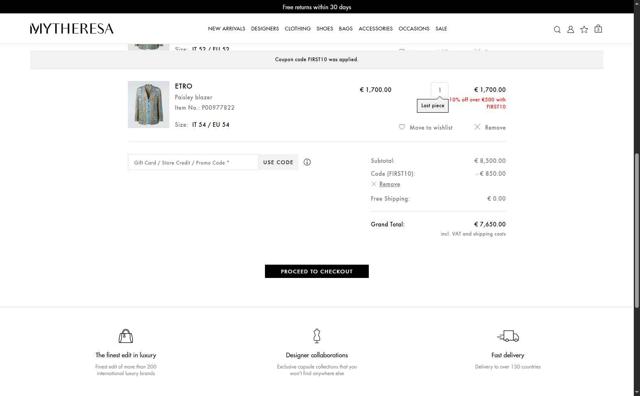 Mytheresa checkout page showing Mytheresa promo code box | Screenshot taken by SimplyCodes community member on Aug 14, 2025