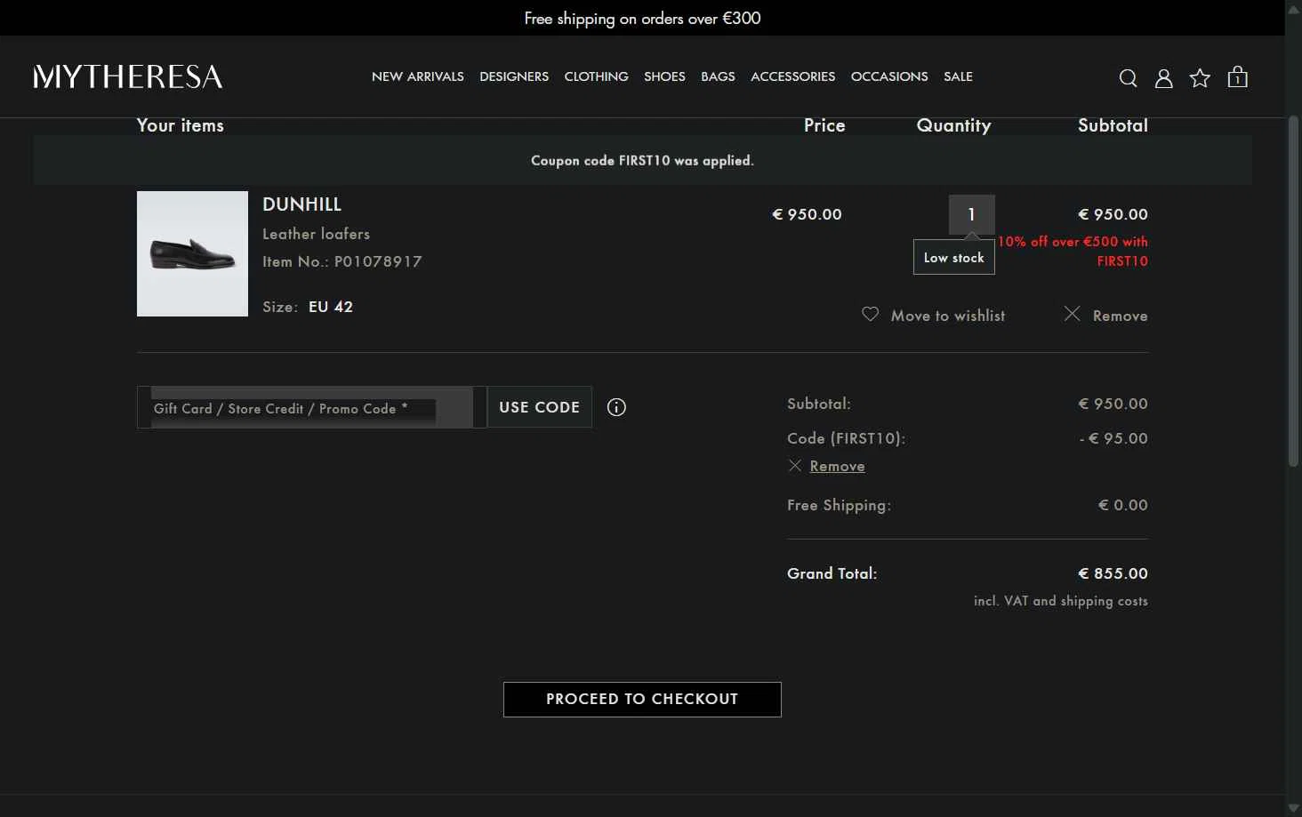 Mytheresa checkout page showing Mytheresa promo code box | Screenshot taken by SimplyCodes community member on Aug 25, 2025
