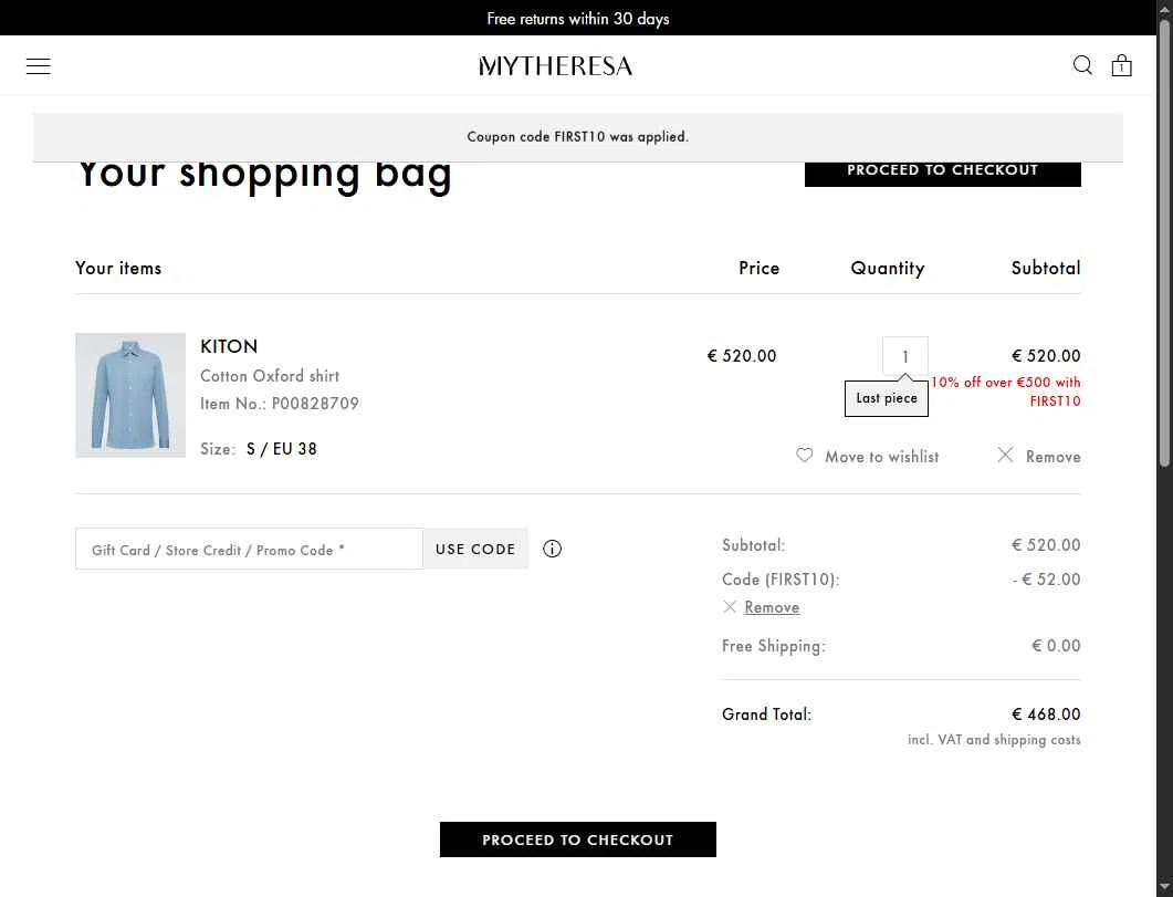 Mytheresa checkout page showing Mytheresa promo code box | Screenshot taken by SimplyCodes community member on Sep 1, 2025