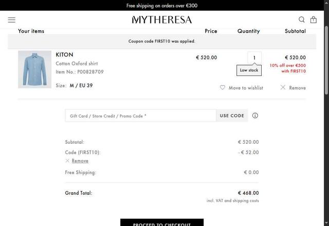 Mytheresa checkout page showing Mytheresa promo code box | Screenshot taken by SimplyCodes community member on Aug 18, 2025