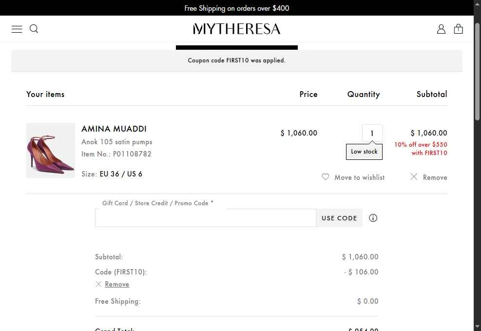 Mytheresa checkout page showing Mytheresa promo code box | Screenshot taken by SimplyCodes community member on Jan 16, 2026