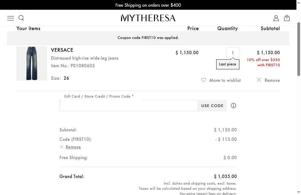 Mytheresa checkout page showing Mytheresa promo code box | Screenshot taken by SimplyCodes community member on Oct 8, 2025