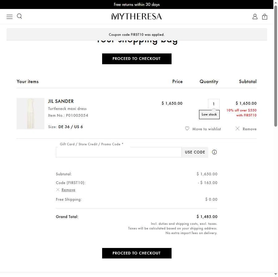 Mytheresa checkout page showing Mytheresa promo code box | Screenshot taken by SimplyCodes community member on Dec 26, 2025