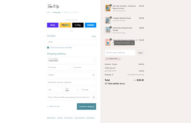 Tone It Up checkout page showing Tone It Up promo code box | Screenshot taken by SimplyCodes community member on Sep 8, 2025