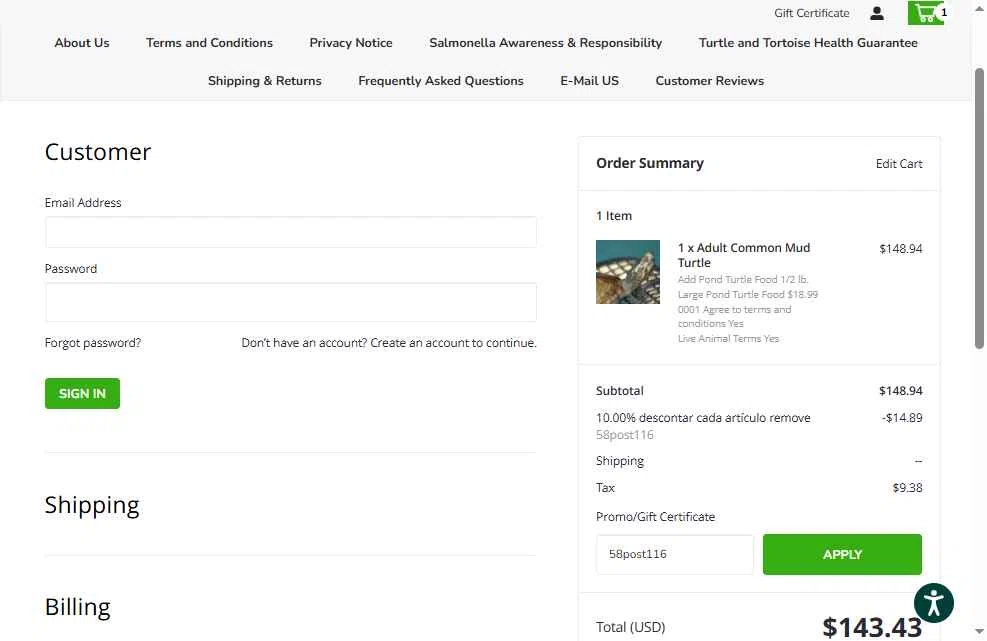 MyTurtleStore checkout page showing MyTurtleStore coupon code box | Screenshot taken by SimplyCodes community member on Apr 30, 2025