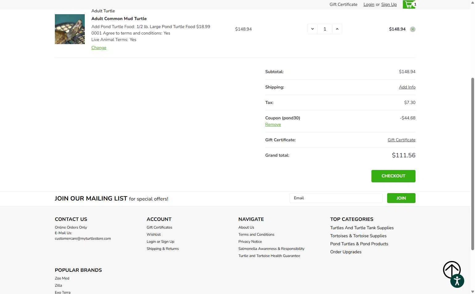MyTurtleStore checkout page showing MyTurtleStore coupon code box | Screenshot taken by SimplyCodes community member on Apr 30, 2025