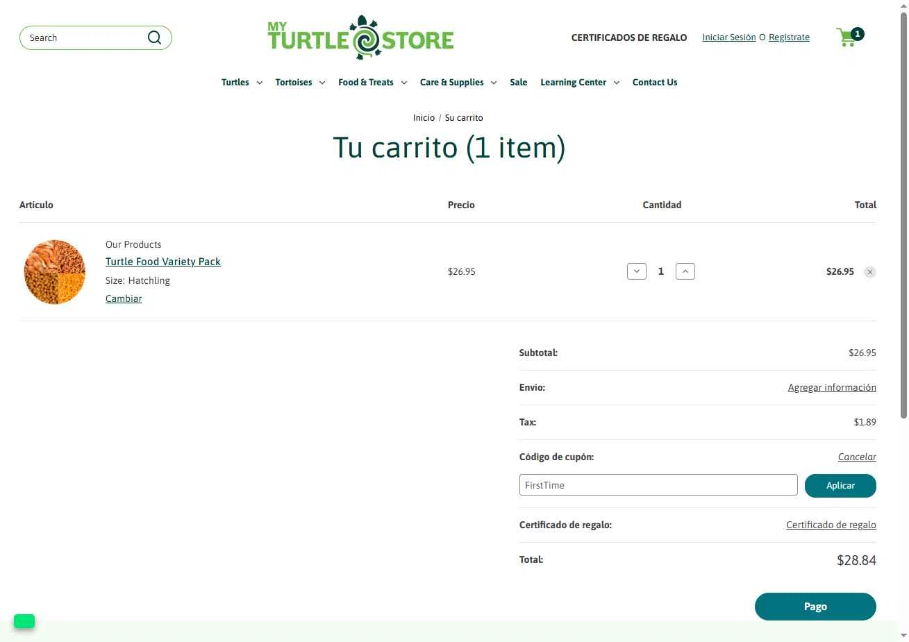 MyTurtleStore checkout page showing MyTurtleStore coupon code box | Screenshot taken by SimplyCodes community member on Oct 5, 2025