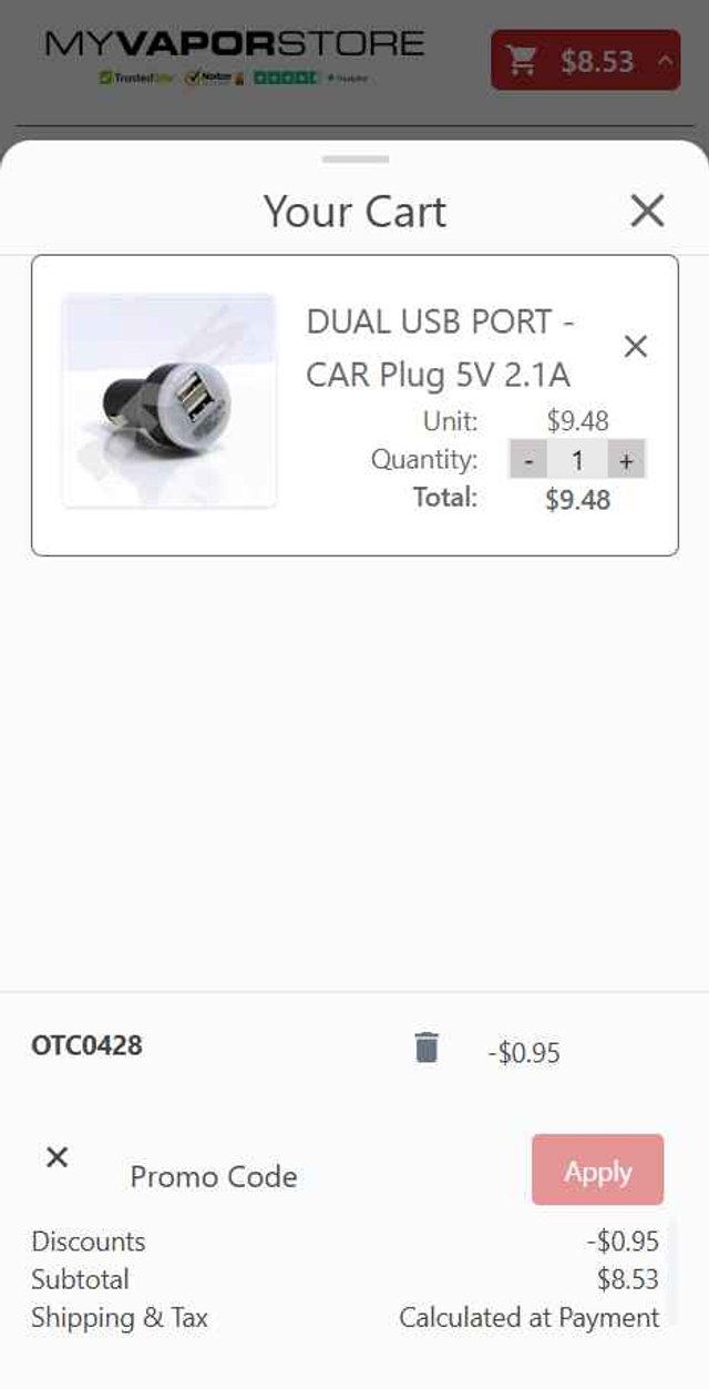 MyVaporStore checkout page showing MyVaporStore coupon code box | Screenshot taken by SimplyCodes community member on Aug 8, 2025