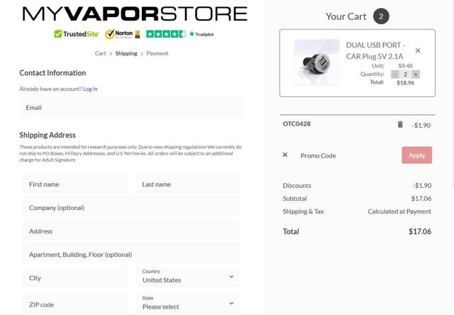 MyVaporStore checkout page showing MyVaporStore coupon code box | Screenshot taken by SimplyCodes community member on Jul 17, 2025