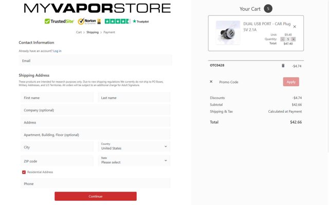 MyVaporStore checkout page showing MyVaporStore coupon code box | Screenshot taken by SimplyCodes community member on Aug 29, 2025