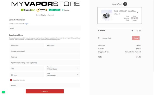 MyVaporStore checkout page showing MyVaporStore coupon code box | Screenshot taken by SimplyCodes community member on Jul 28, 2025