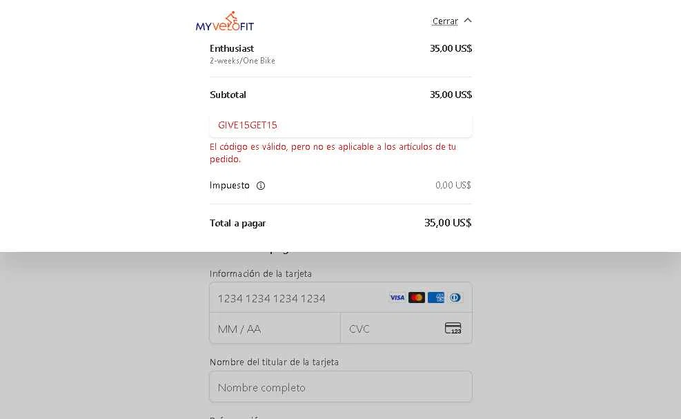 MyVeloFit checkout page showing MyVeloFit discount code box | Screenshot taken by SimplyCodes community member on Dec 1, 2025