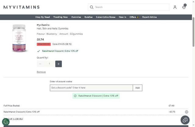 MyVitamins checkout page showing MyVitamins discount code box | Screenshot taken by SimplyCodes community member on Aug 27, 2025
