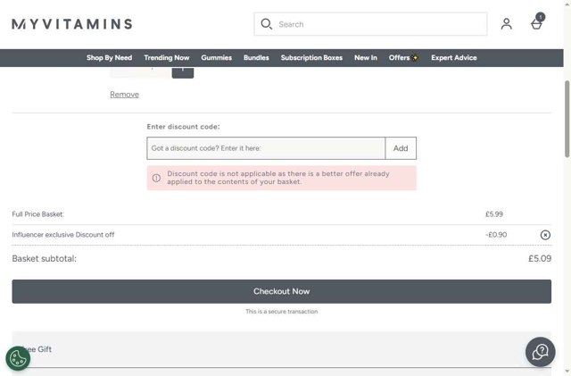 MyVitamins checkout page showing MyVitamins discount code box | Screenshot taken by SimplyCodes community member on Aug 31, 2025