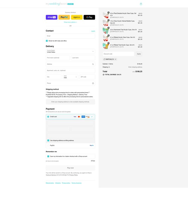 My Wedding Favors checkout page showing My Wedding Favors promo code box | Screenshot taken by SimplyCodes community member on Aug 18, 2025