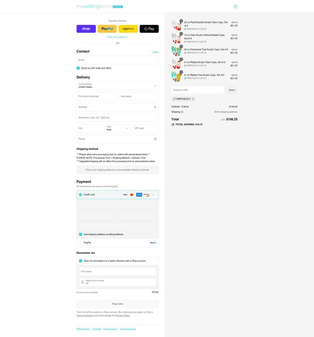 My Wedding Favors checkout page showing My Wedding Favors promo code box | Screenshot taken by SimplyCodes community member on Sep 4, 2025