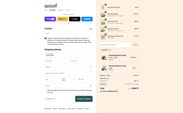 Woof Pet checkout page showing Woof Pet promo code box | Screenshot taken by SimplyCodes community member on Aug 17, 2025