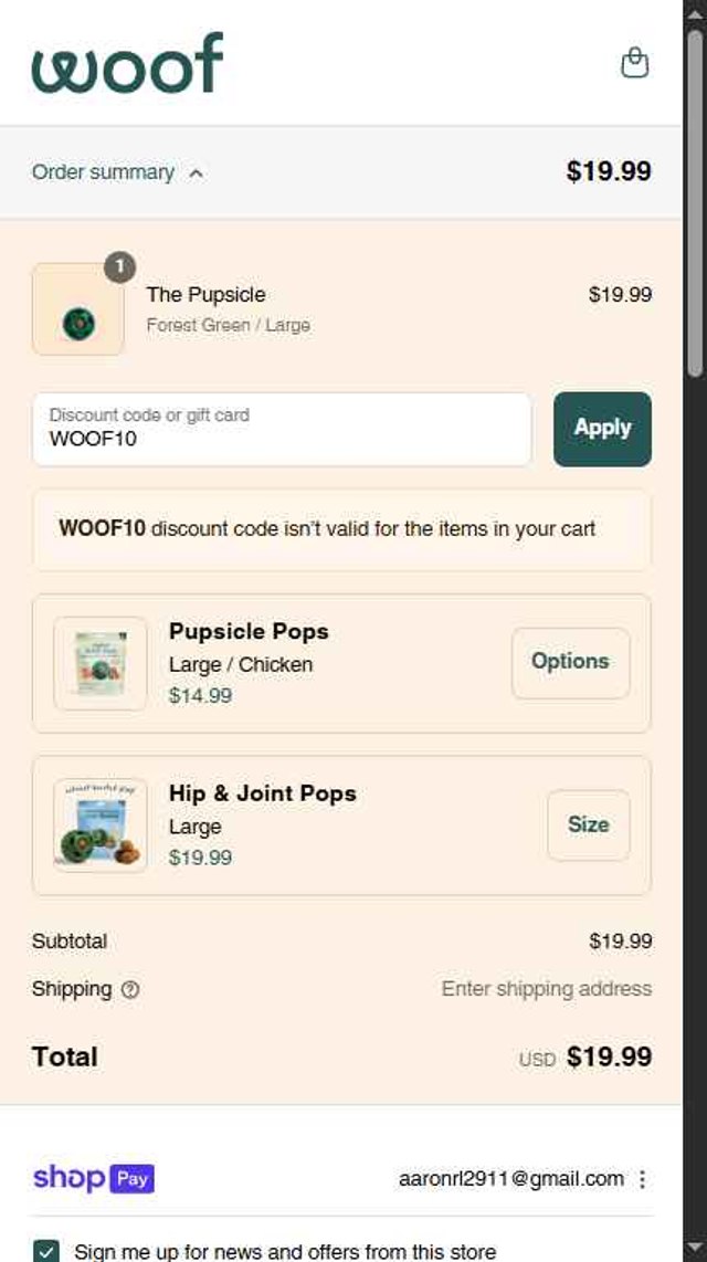Woof Pet checkout page showing Woof Pet promo code box | Screenshot taken by SimplyCodes community member on Aug 13, 2025