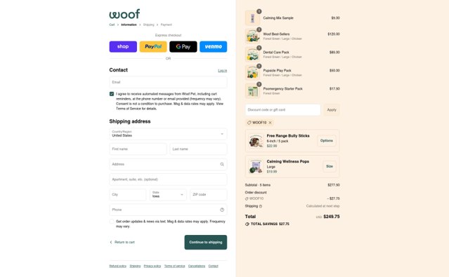Woof Pet checkout page showing Woof Pet promo code box | Screenshot taken by SimplyCodes community member on Sep 4, 2025
