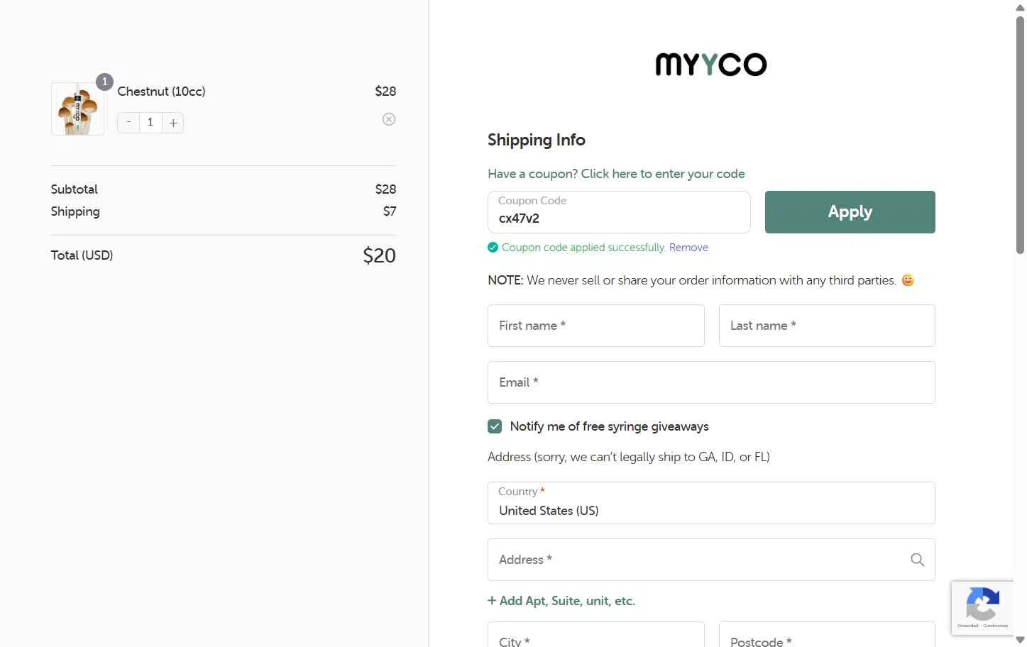 MYYCO checkout page showing MYYCO coupon code box | Screenshot taken by SimplyCodes community member on Dec 12, 2025