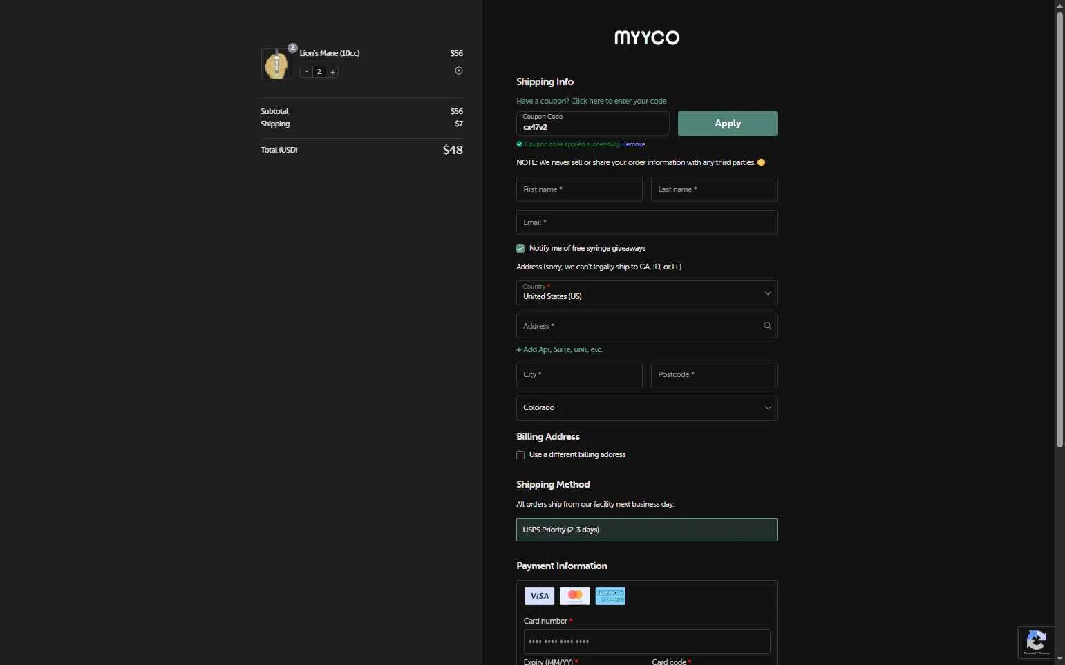MYYCO checkout page showing MYYCO coupon code box | Screenshot taken by SimplyCodes community member on Jan 31, 2026