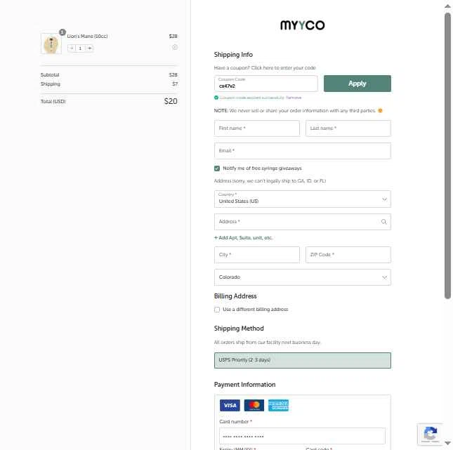 MYYCO checkout page showing MYYCO coupon code box | Screenshot taken by SimplyCodes community member on Jan 19, 2026