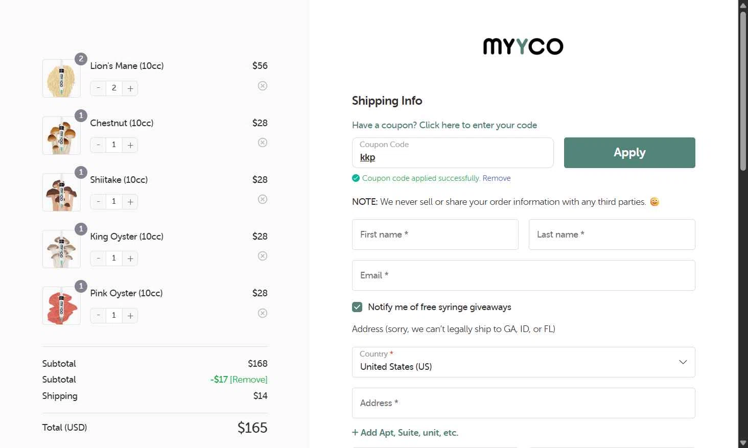 MYYCO checkout page showing MYYCO coupon code box | Screenshot taken by SimplyCodes community member on Sep 22, 2025