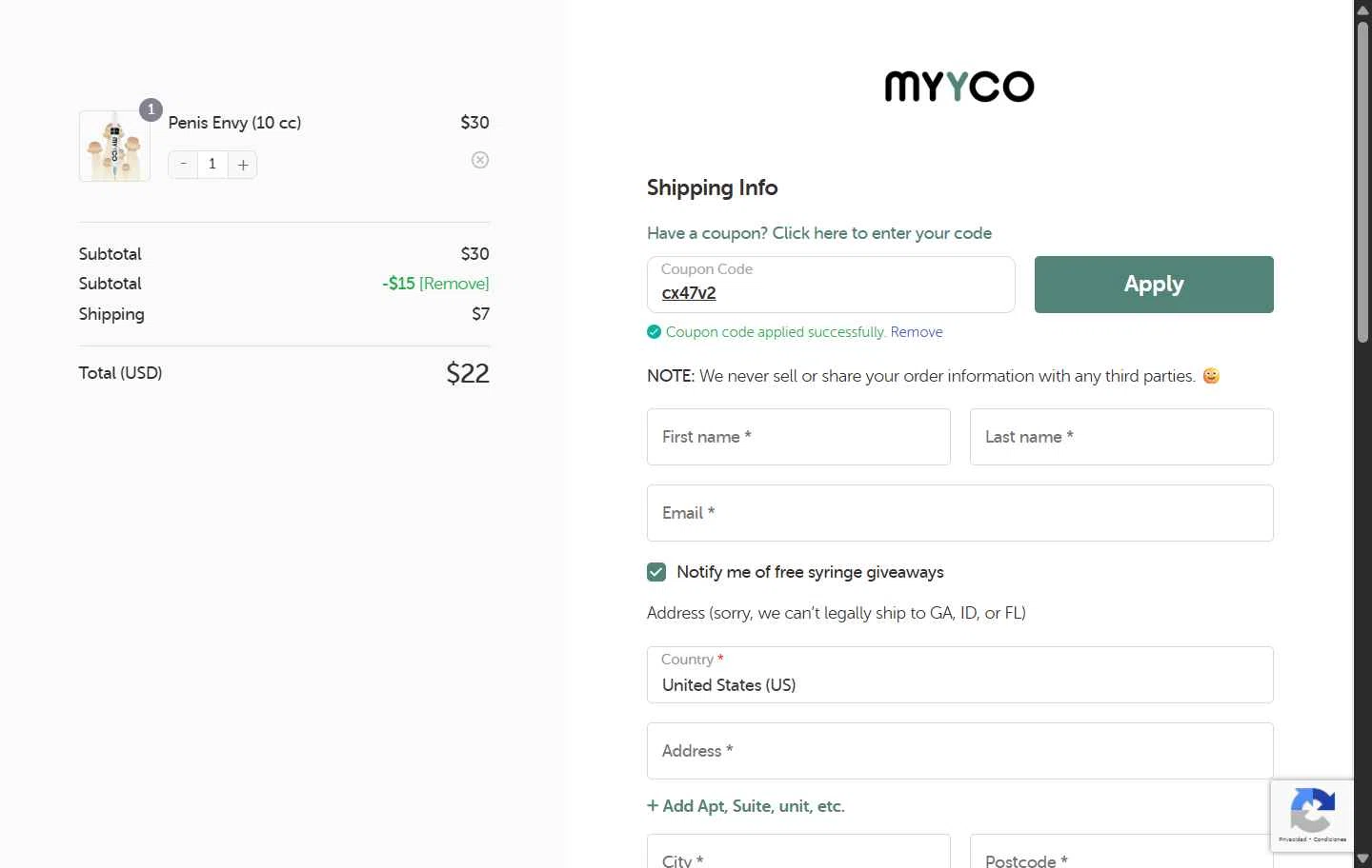MYYCO checkout page showing MYYCO coupon code box | Screenshot taken by SimplyCodes community member on Oct 2, 2025