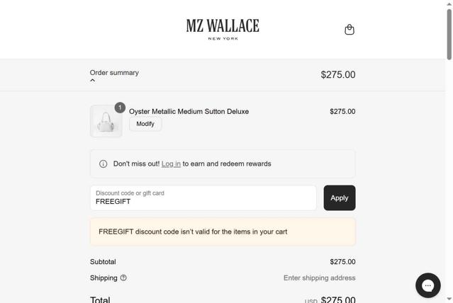 MZ Wallace checkout page showing MZ Wallace discount code box | Screenshot taken by SimplyCodes community member on May 1, 2025
