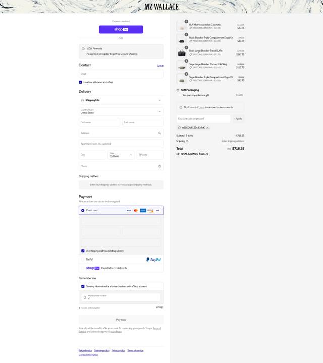 MZ Wallace checkout page showing MZ Wallace discount code box | Screenshot taken by SimplyCodes community member on Jul 7, 2025