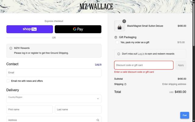 MZ Wallace checkout page showing MZ Wallace discount code box | Screenshot taken by SimplyCodes community member on Jun 15, 2025