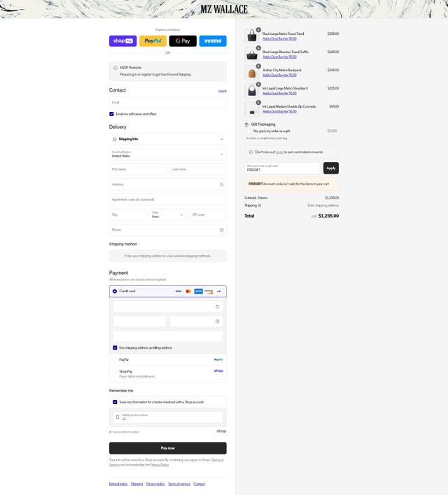 MZ Wallace checkout page showing MZ Wallace discount code box | Screenshot taken by SimplyCodes community member on Aug 28, 2025