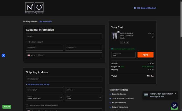 N1o1 checkout page showing N1o1 coupon code box | Screenshot taken by SimplyCodes community member on Aug 24, 2025