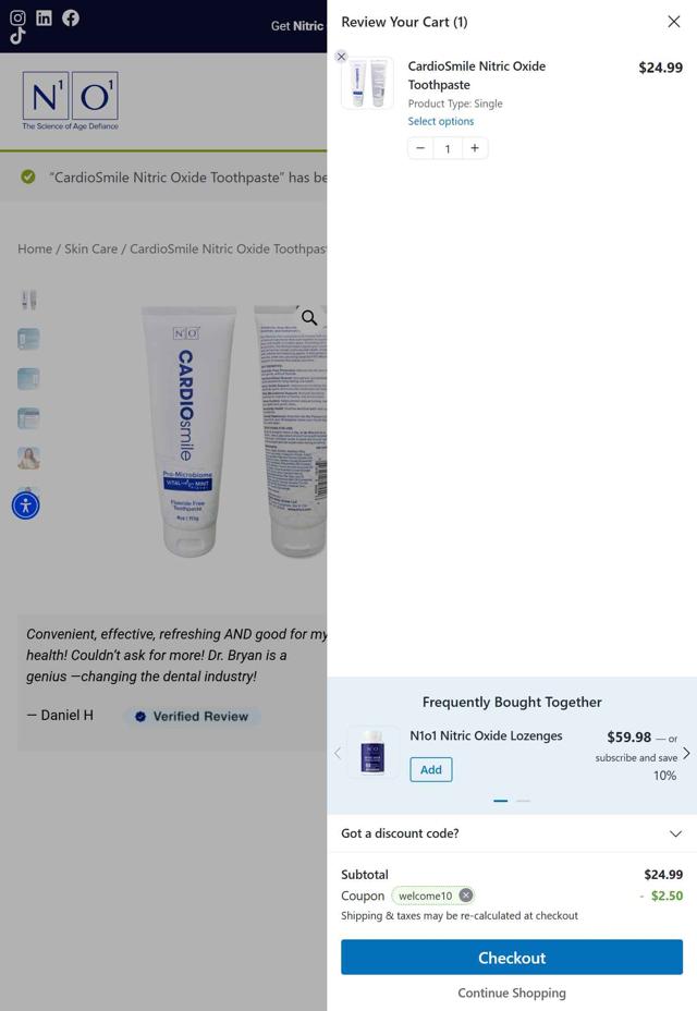 N1o1 checkout page showing N1o1 coupon code box | Screenshot taken by SimplyCodes community member on Aug 18, 2025
