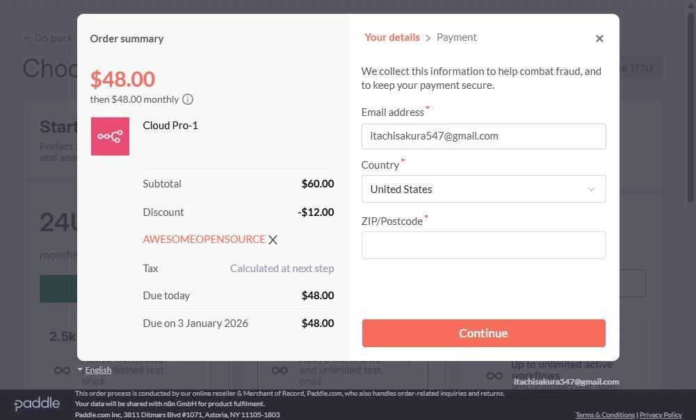 N8n.io checkout page showing N8n.io promo code box | Screenshot taken by SimplyCodes community member on Dec 3, 2025