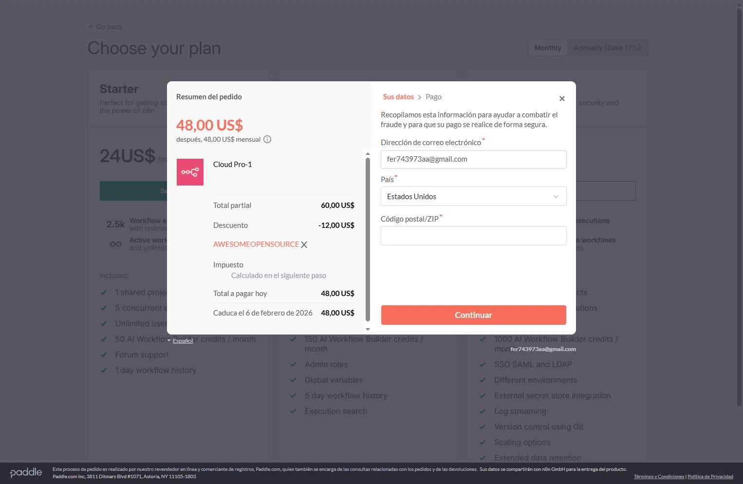 N8n.io checkout page showing N8n.io promo code box | Screenshot taken by SimplyCodes community member on Jan 6, 2026
