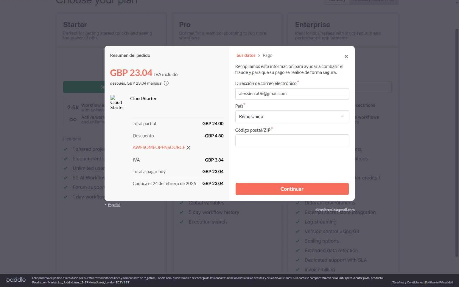 N8n.io checkout page showing N8n.io promo code box | Screenshot taken by SimplyCodes community member on Jan 24, 2026