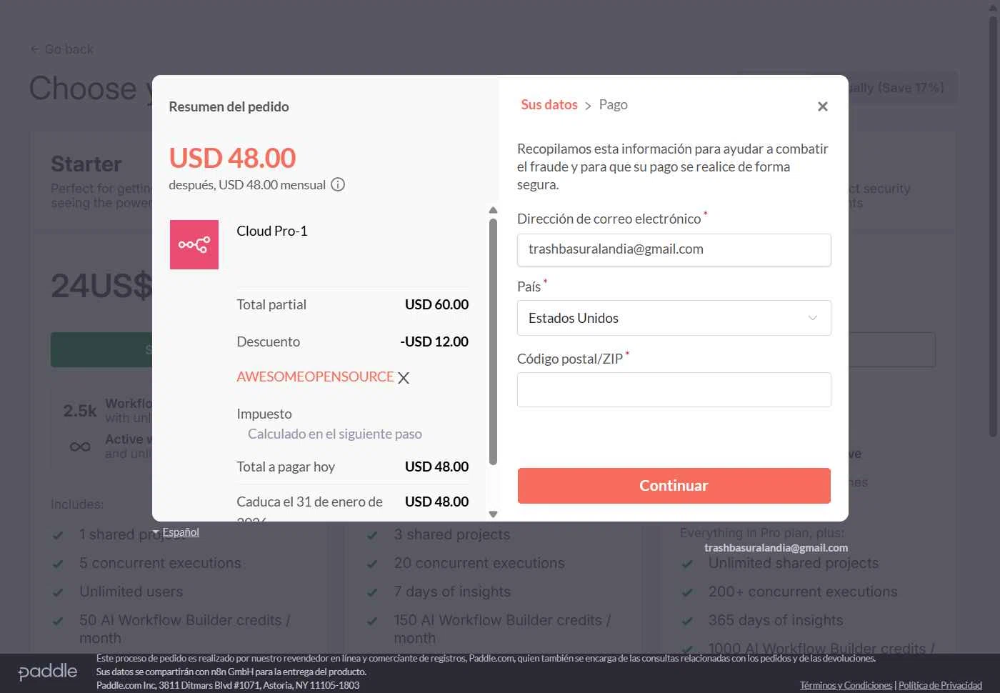 N8n.io checkout page showing N8n.io promo code box | Screenshot taken by SimplyCodes community member on Dec 31, 2025