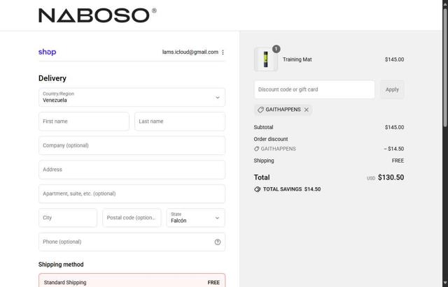 Naboso checkout page showing Naboso discount code box | Screenshot taken by SimplyCodes community member on Sep 11, 2025