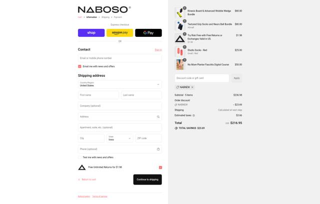 Naboso checkout page showing Naboso discount code box | Screenshot taken by SimplyCodes community member on Sep 11, 2025